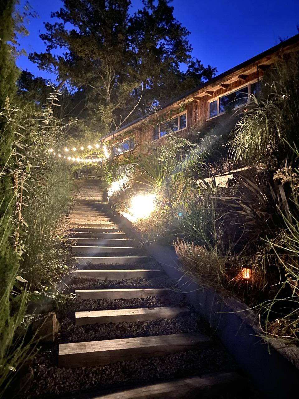 Escalier illuminé de nuit avec guirlandes lumineuses menant au gîte